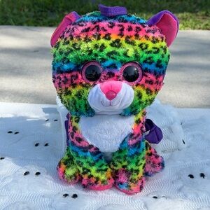 Rainbow Leopard Cat Plush Backpack Kids Stuffed Animal Bag Purple Straps Cute